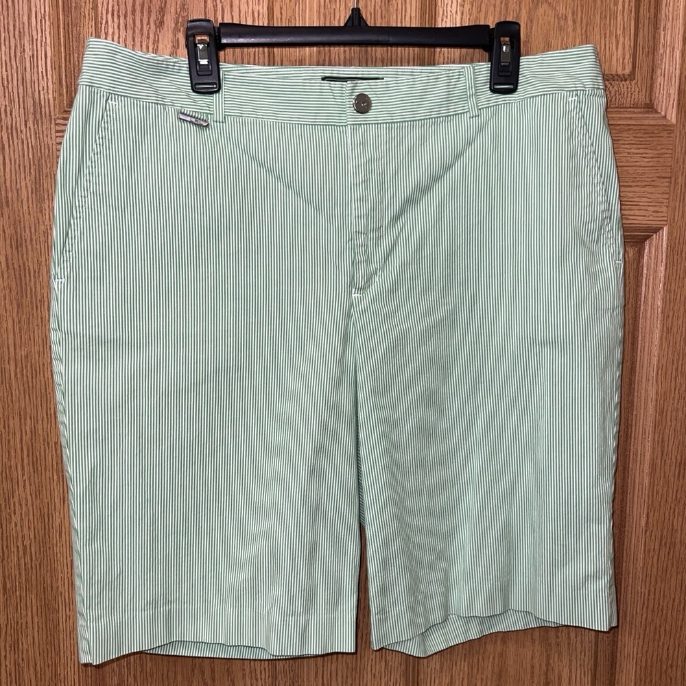 Ralph Lauren LRL Bermuda Shorts 16 White/green Striped Flat Front Preppy   Golf